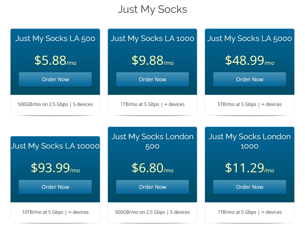 Just My Socks 套餐列表页面截图