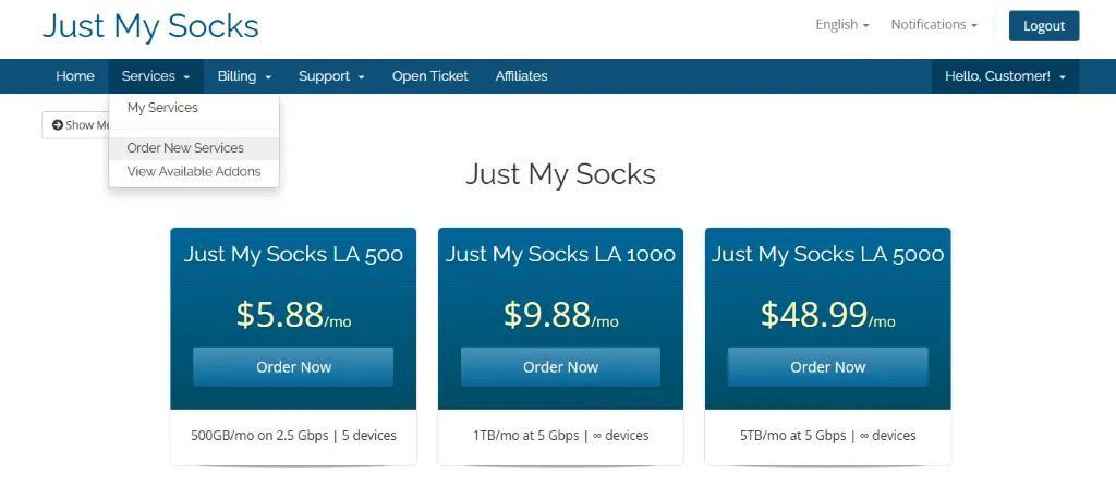 Just My Socks 套餐选择页面截图